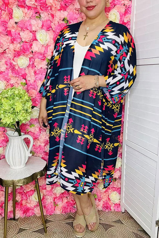 Women cardigan Aztec striped multi color printed 3/4 sleeves with slits side XCH14545