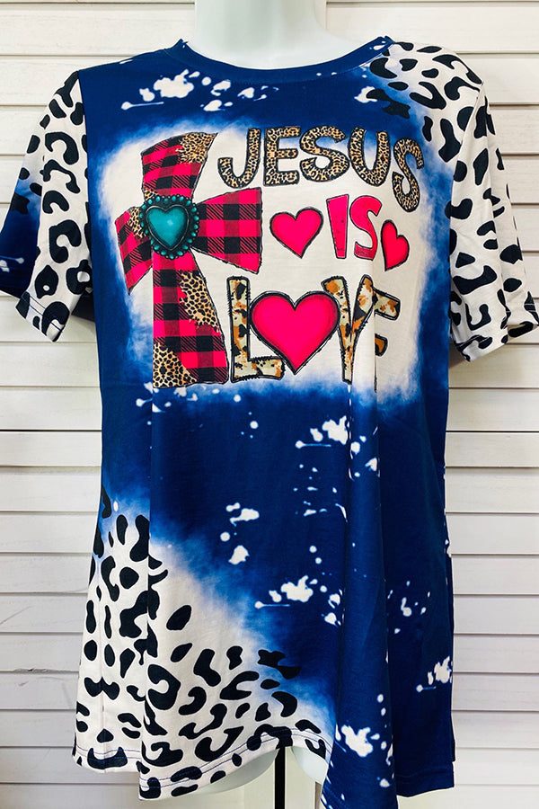 XCH14573 JUSES IS LOVE Plaid & leopard printed cross t-shirt