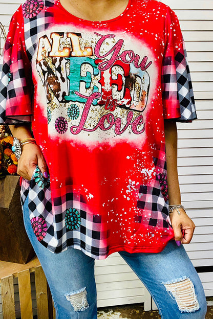 XCH14574 "ALL you NEED is Love" Plaid & tie dye red t-shirt