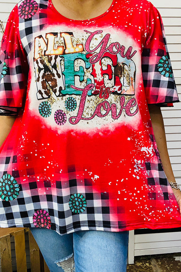 XCH14574 "ALL you NEED is Love" Plaid & tie dye red t-shirt