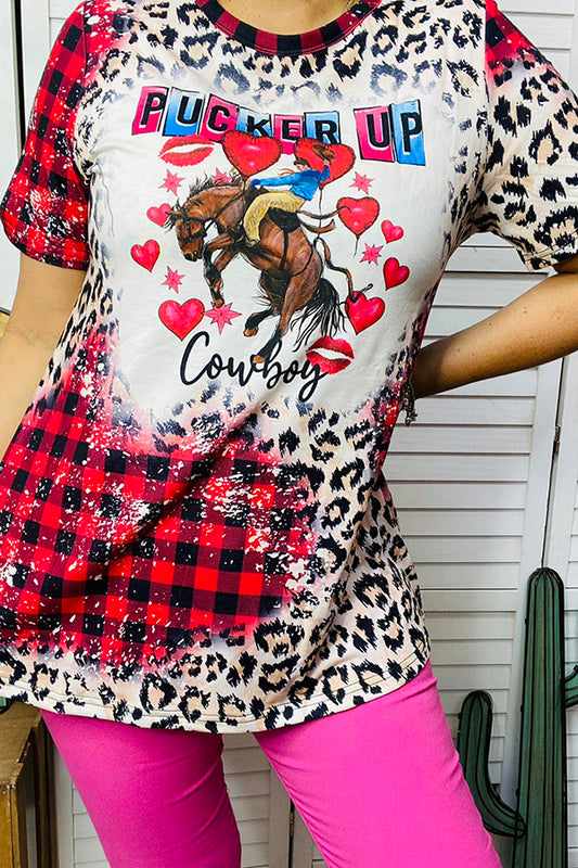 XCH14624 PUCKER UP cowboy plaid & leopard printed short sleeve top