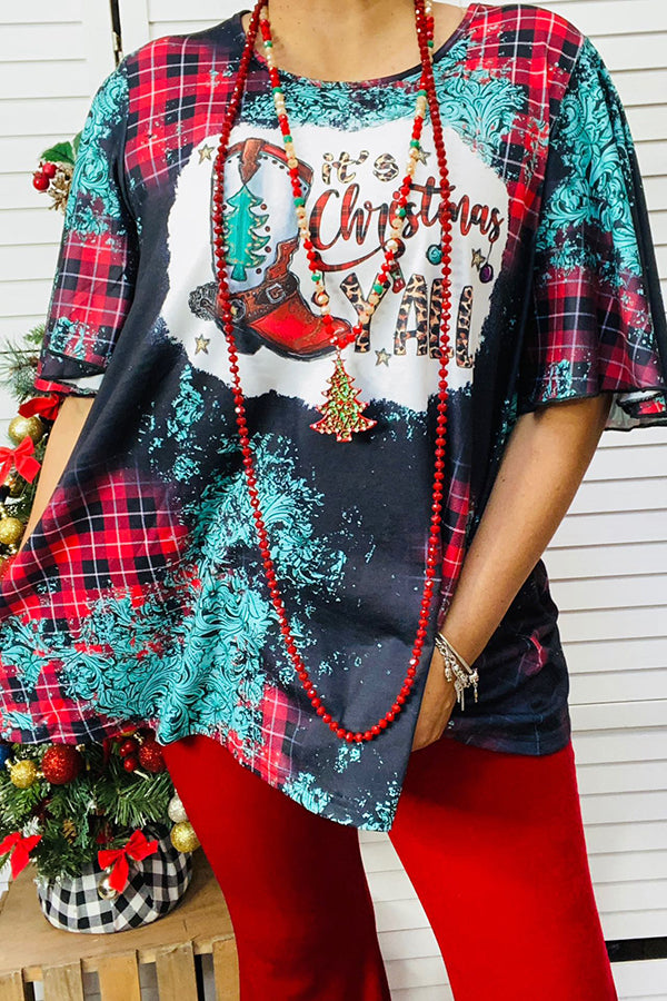 XCH14654 Christmas Yall boots printed plaid & paisley blouse