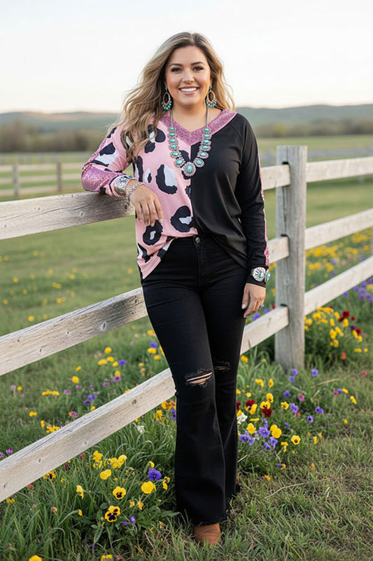 Southern Stitch Leopard & black & sequin long sleeve women top XCH14656