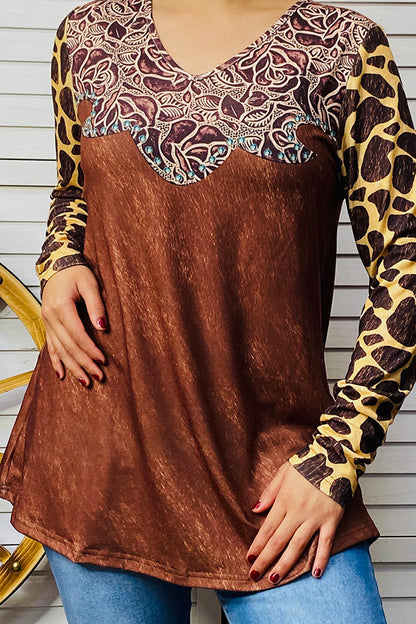XCH14657 Paisley & animal printed pattern long sleeve blouse