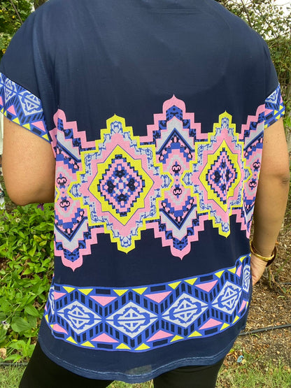 XCH14673 Multi color Aztec printed short sleeve women top