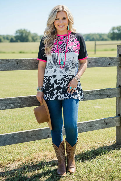 Western leopard & riding horse & cow patchwork women's boutique top XCH14677