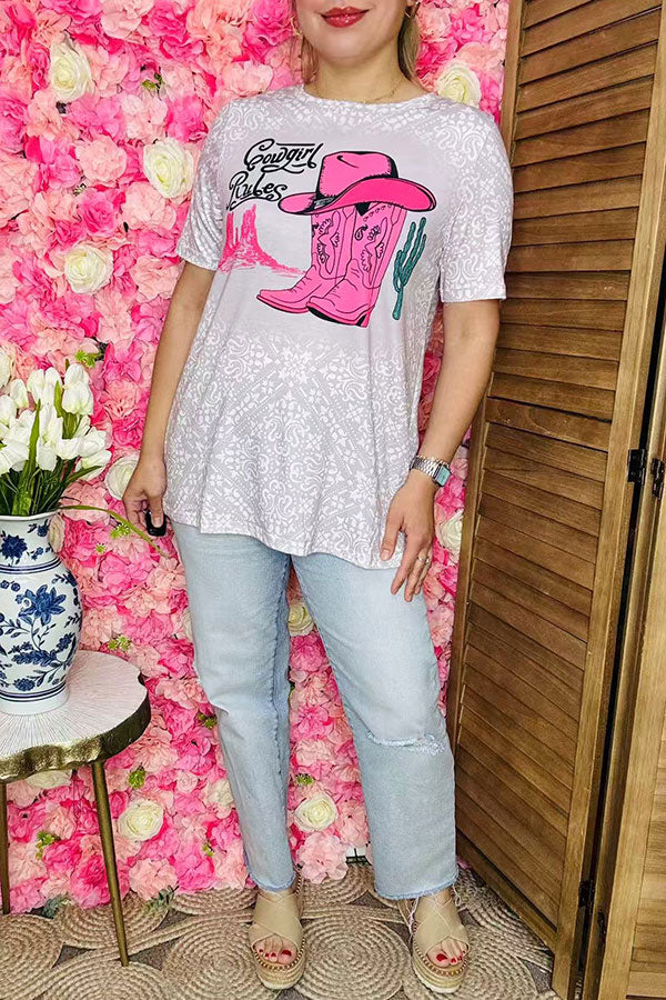 Shop Western cowgirl rules printed paisley cactus short sleeve women top XCH14679