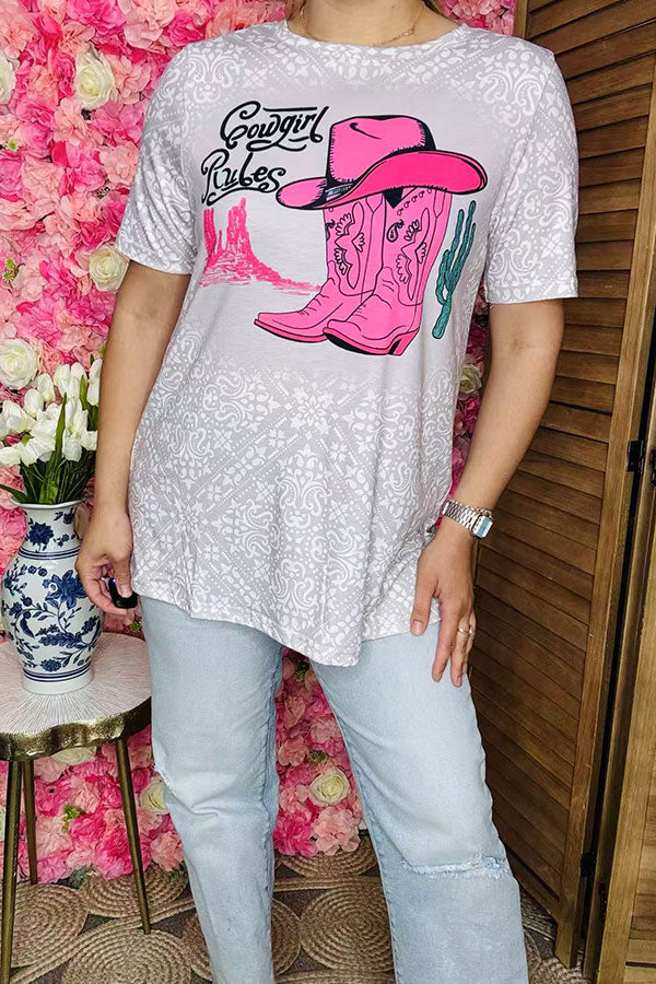 Shop Western cowgirl rules printed paisley cactus short sleeve women top XCH14679