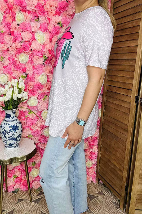 Shop Western cowgirl rules printed paisley cactus short sleeve women top XCH14679