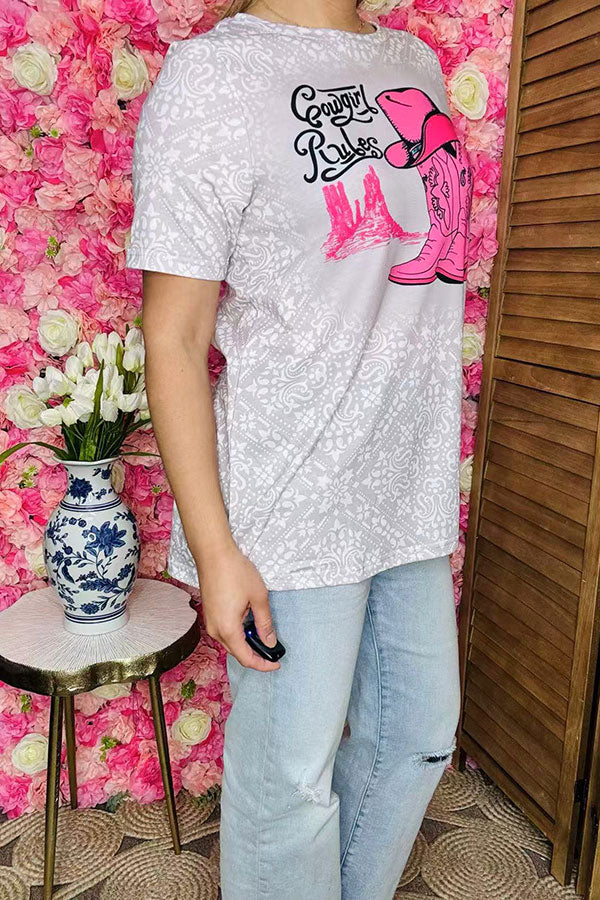 Shop Western cowgirl rules printed paisley cactus short sleeve women top XCH14679