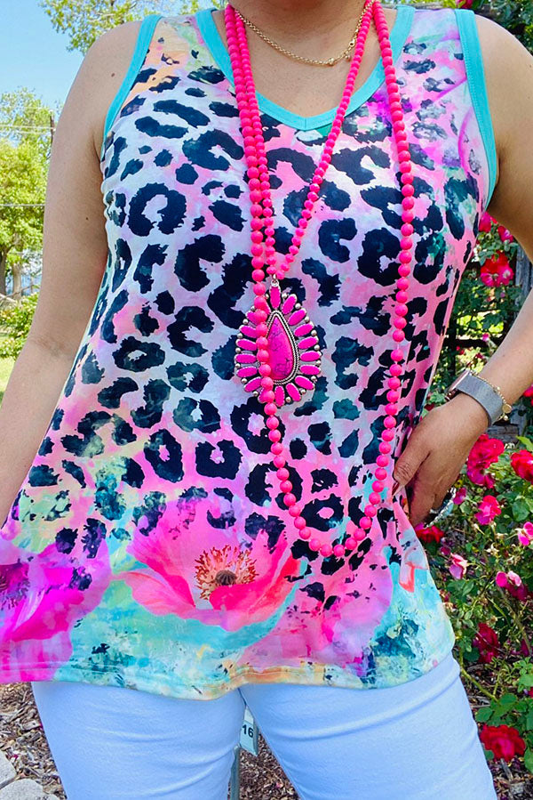 Floral & leopard printed women tank tops w/turquoise trim XCH14681