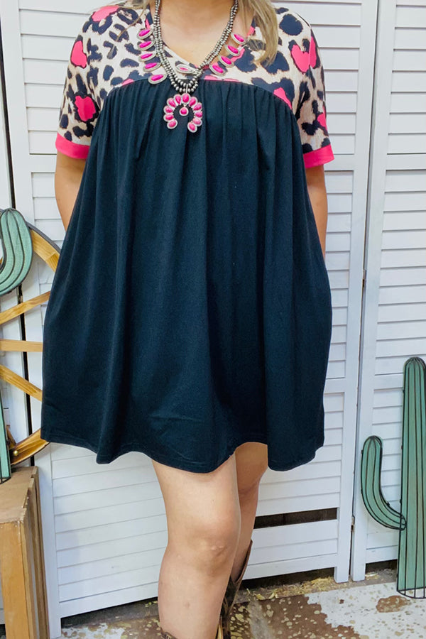 Hearts & leopard printed & Black short sleeve baby doll women dress XCH14683