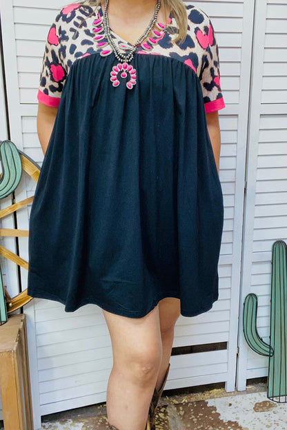 Hearts & leopard printed & Black short sleeve baby doll women dress XCH14683