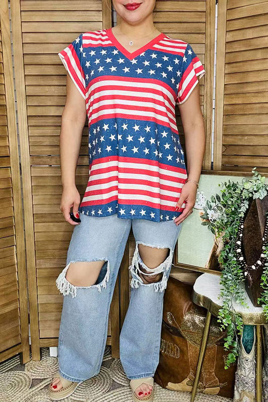 Plus size t-shirt 4th July USA flag star red striped printed short sleeves women tops XCH14727