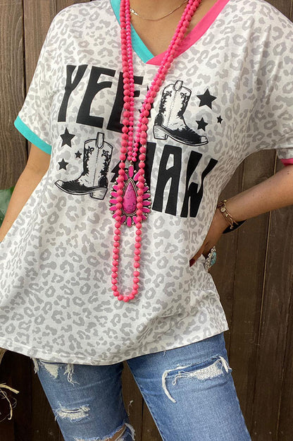 XCH14764 YEE HAW & Leopard prints short sleeve women top