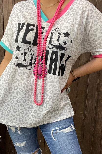 XCH14764 YEE HAW & Leopard prints short sleeve women top