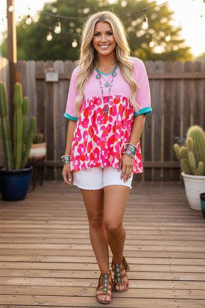 XCH14773 Pink & Circle printed color block short sleeve women tops