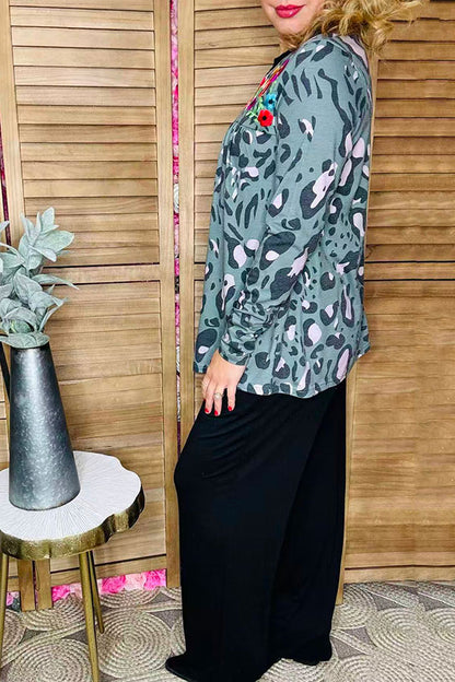 Floral embroidery leopard baby doll long sleeve women bouse XCH14775