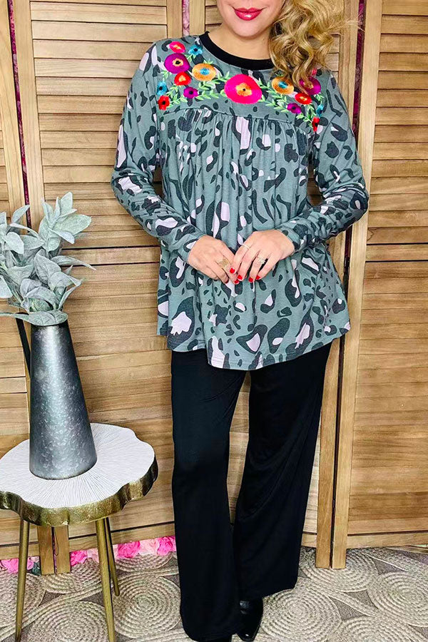 Floral embroidery leopard baby doll long sleeve women bouse XCH14775
