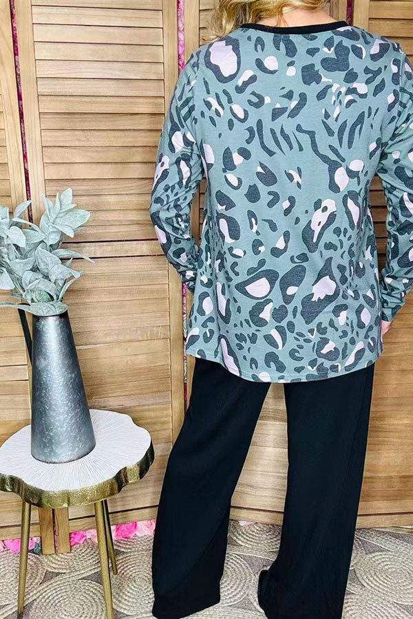 Floral embroidery leopard baby doll long sleeve women bouse XCH14775