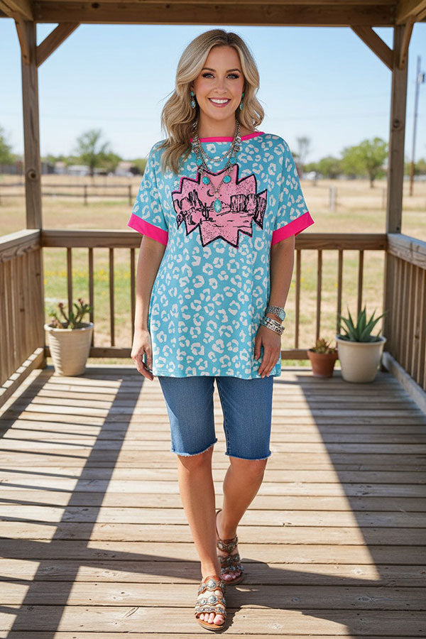 Western turquoise leopard women's boutique top Southern Stitch XCH14827
