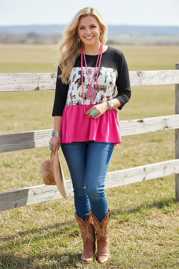 Western prints & black & fuchsia patchwork women's boutique top XCH14831