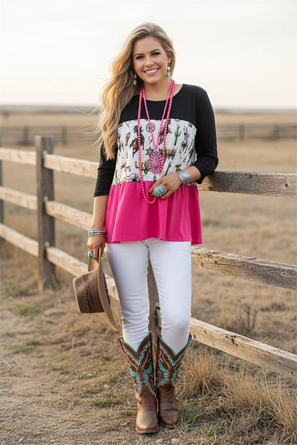 Western prints & black & fuchsia patchwork women's boutique top XCH14831