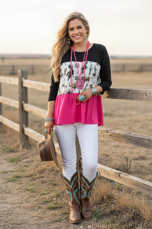 Western prints & black & fuchsia patchwork women's boutique top XCH14831