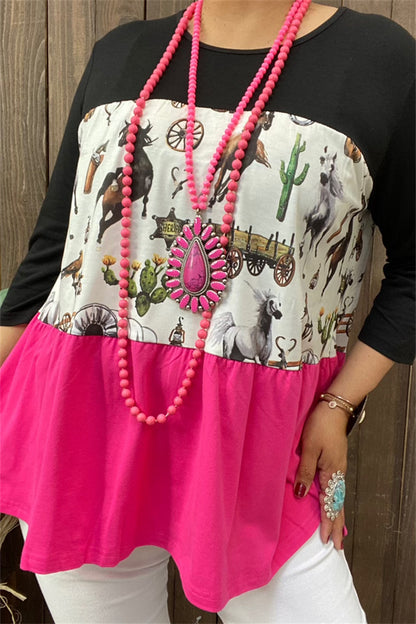 Western prints & black & fuchsia patchwork women's boutique top XCH14831