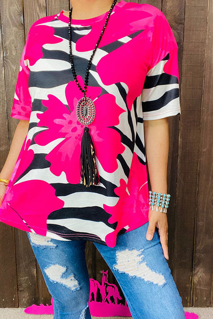 XCH14889 Fuchsia flower & zebra prints short sleeve women top