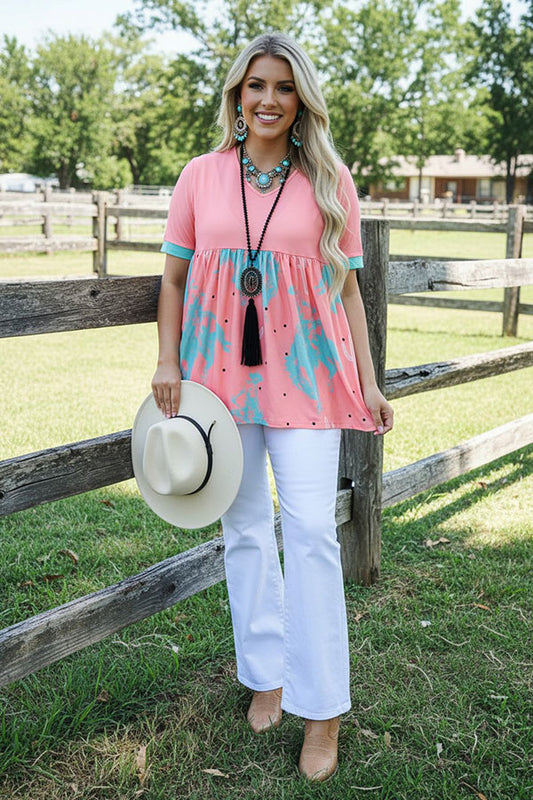 Western pink & cowboy patchwork baby-doll women's boutique blouse XCH14892