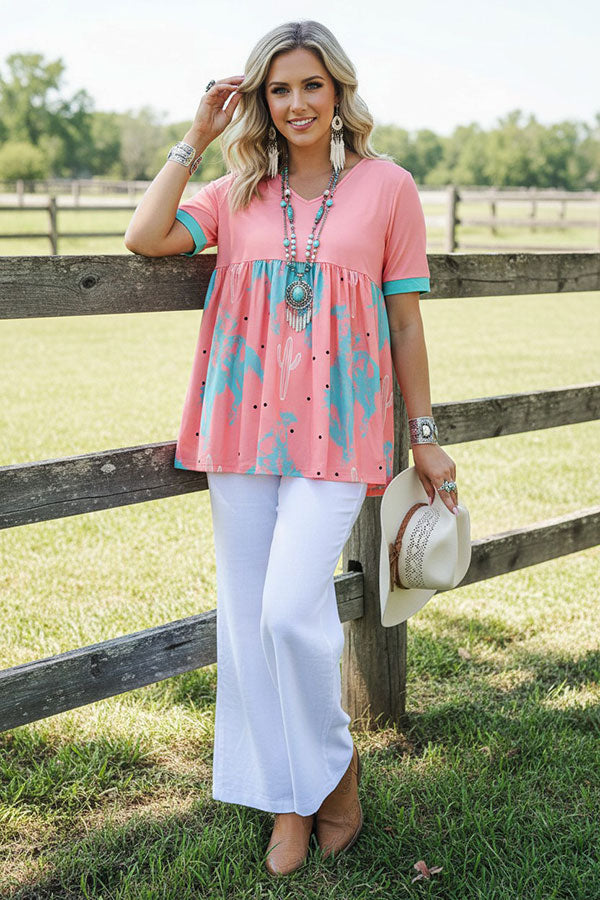 Western pink & cowboy patchwork baby-doll women's boutique blouse XCH14892