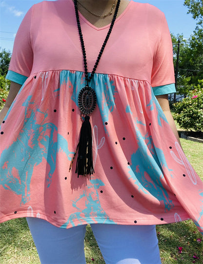 Western pink & cowboy patchwork baby-doll women's boutique blouse XCH14892