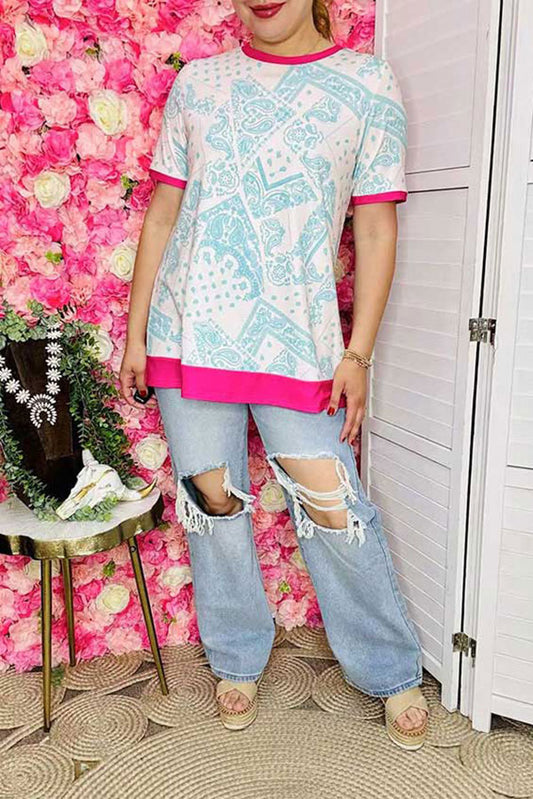 Women's t-shirt bulk Paisley printed women top w/pink trim,short sleeve XCH14914