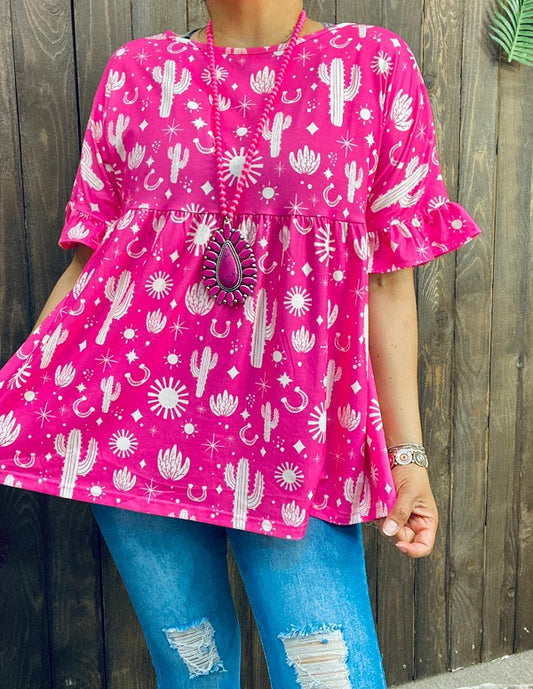 Cactus printed in the fuchsia fabric short sleeves baby-doll women blouse XCH14993