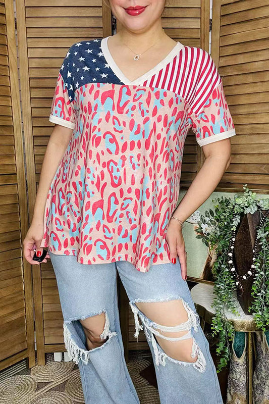 Women's t-shirt wholesale Stars & Striped & Leopard color block w/short sleeve XCH15060
