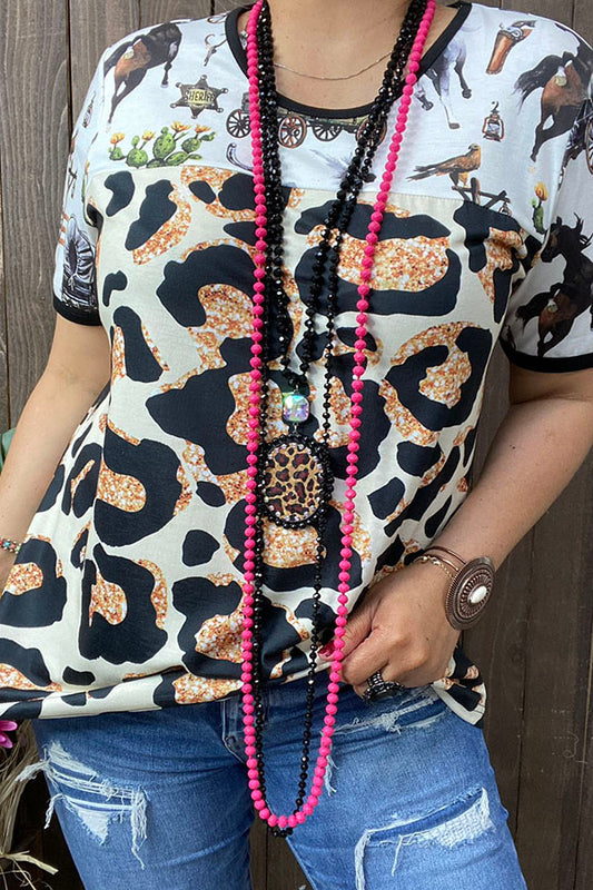 XCH15062 Western & leopard prints color block short sleeve women top