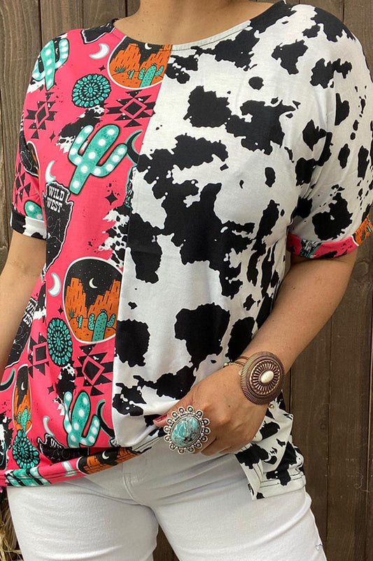 XCH15112 Half western & cow prints short sleeve women top