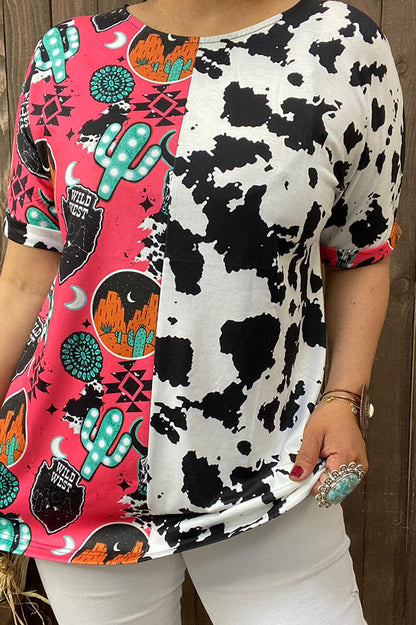 XCH15112 Half western & cow prints short sleeve women top