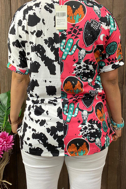 XCH15112 Half western & cow prints short sleeve women top