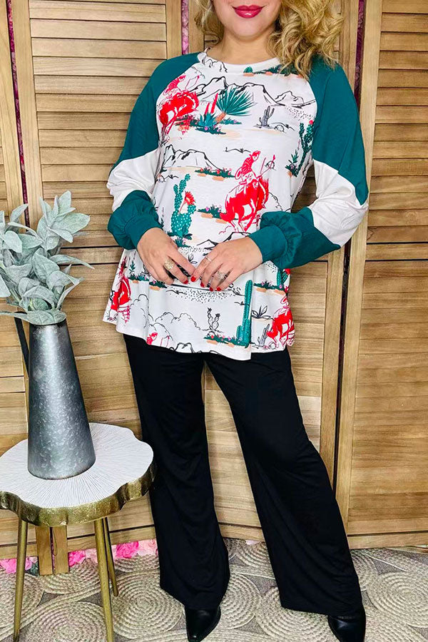 Western Riding horse & Cactus printed raglan long sleeve women blouse XCH15183