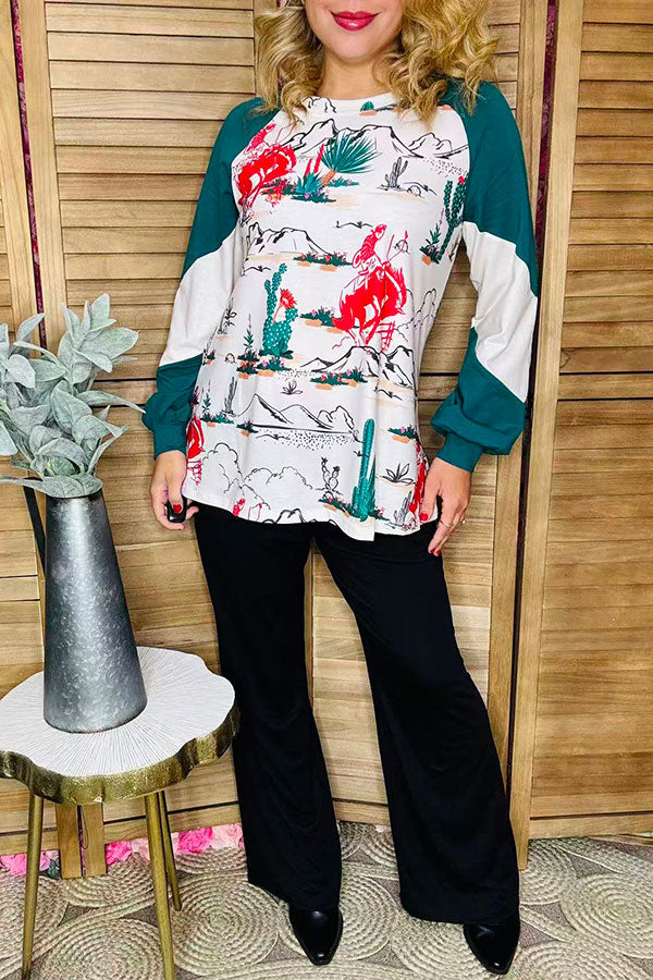 Western Riding horse & Cactus printed raglan long sleeve women blouse XCH15183