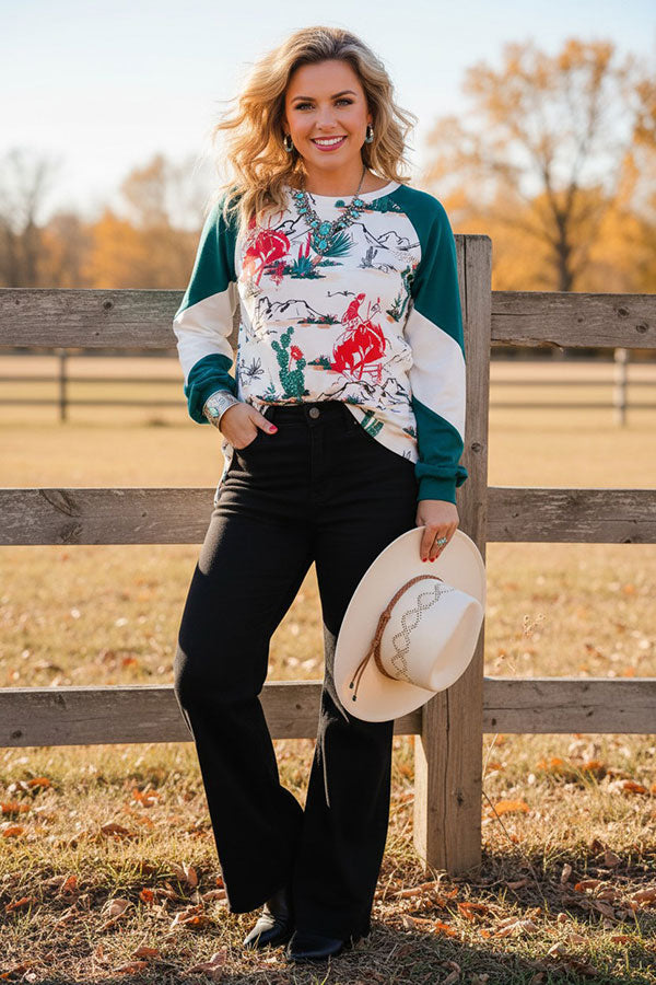 Western riding horse & cactus raglan long sleeve women's boutique blouse XCH15183
