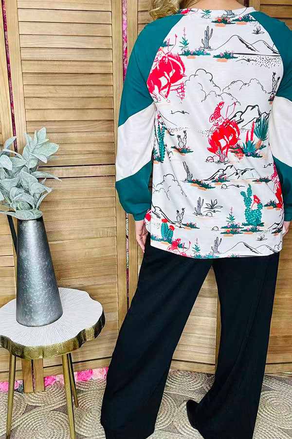 Western Riding horse & Cactus printed raglan long sleeve women blouse XCH15183