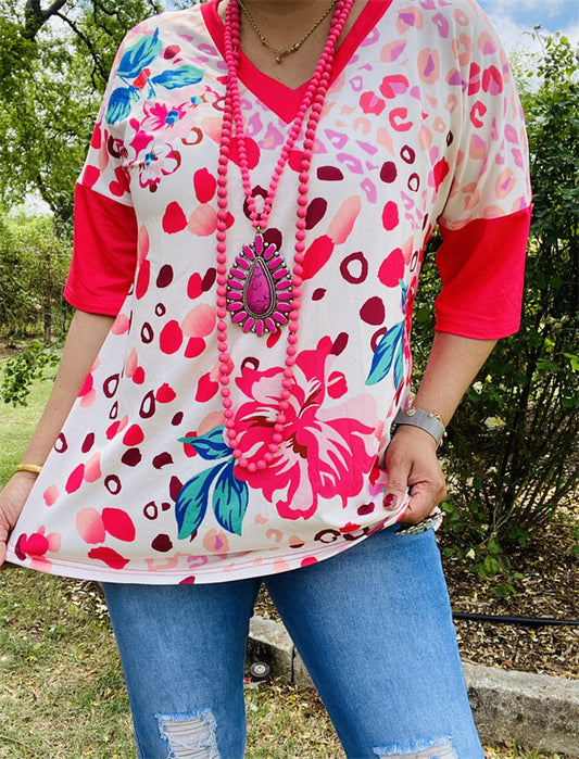 XCH15186 Floral printed w/red short sleeve women tops