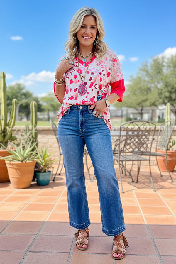 Western leopard & floral print w/red short sleeve women's boutique top XCH15186