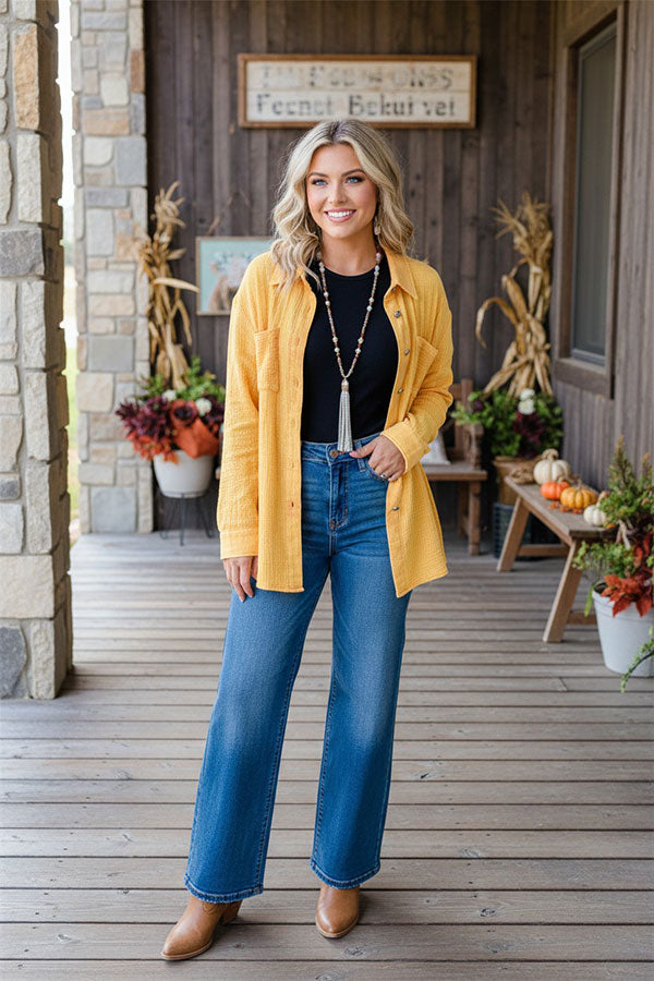 Western yellow long sleeve women's boutique blouse w/buttons-up XCH15255
