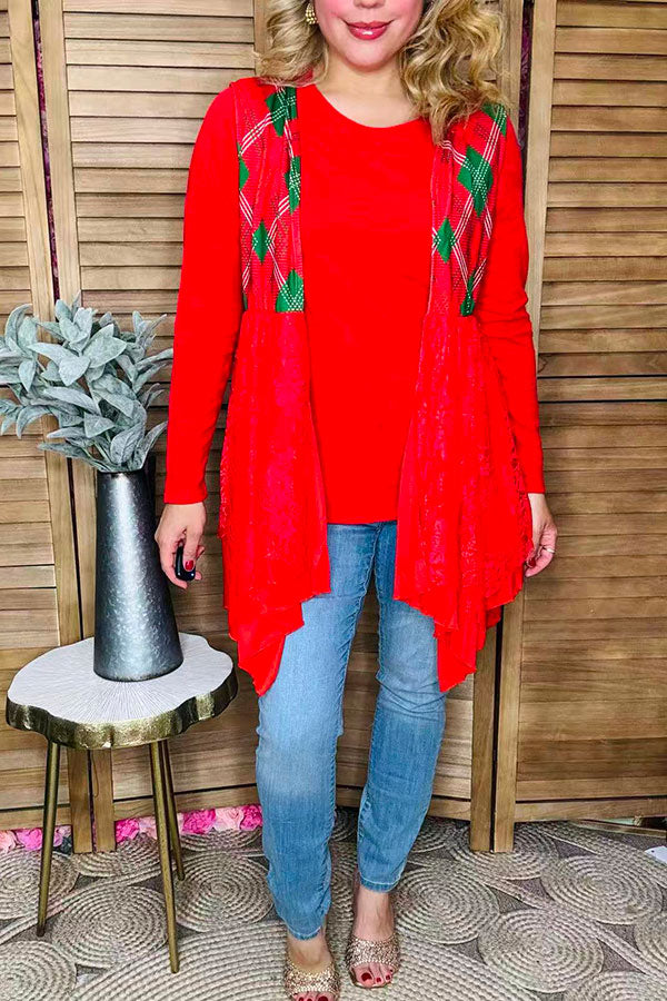 Red/green checkered red lace irregular bottom women vest/cardigan XCH15320