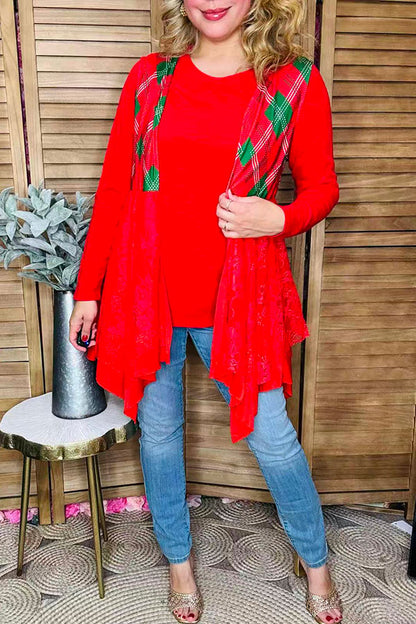 Red/green checkered red lace irregular bottom women vest/cardigan XCH15320