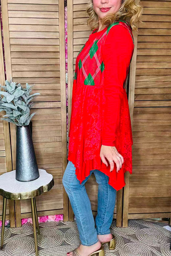 Red/green checkered red lace irregular bottom women vest/cardigan XCH15320